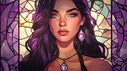 Wall Mural - Mystical Enchantress - Stained Glass Portrait with Crystal Pendant in Lavender and Peach Tones