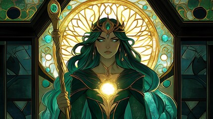 Wall Mural - Enchanting Stained Glass Witch Portrait with Light Staff in Gold and Teal Hexagonal Frame