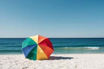 Colorful beach umbrella on the beach sand, sea and blue sky in the background, summer and vacation concept.