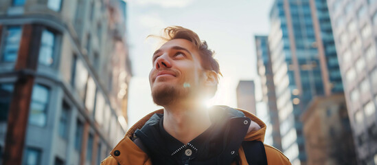 Happy young caucasian man looking up at the sky alone in a busy city.
