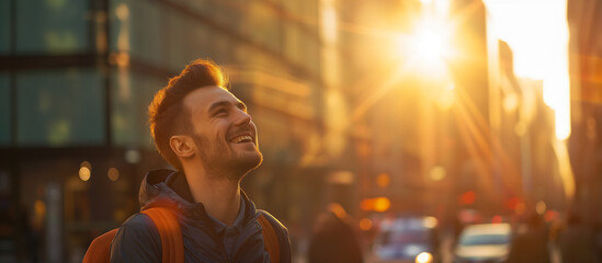 Happy young caucasian man looking up at the sky alone in a busy city.
