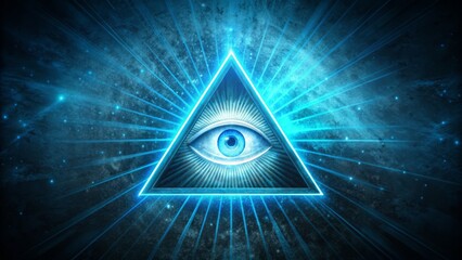 Mysterious glowing triangle symbol with eye centerpiece radiates an aura of secrecy and ancient mysticism against a dark, gradient blue background with subtle texture.