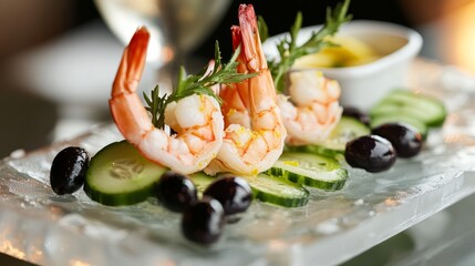 Appetizer of shrimp, cucumber, and olives on a bed of ice.