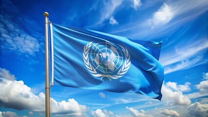 Official blue and white flag of the United Nations waving proudly in the wind, symbolizing international cooperation, peace, and unity among nations worldwide.