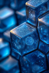 Aufkleber - A modern multiply background with translucent hexagonal patterns in blues and grays, layered over a soft gradient, isolated on a pastel blue background,