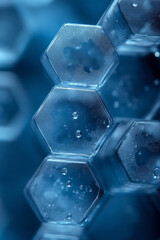 Aufkleber - A modern multiply background with translucent hexagonal patterns in blues and grays, layered over a soft gradient, isolated on a pastel blue background,