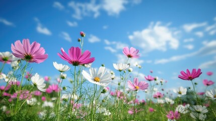 Wall Mural - A field of pink and white cosmos flowers swaying in the breeze under a bright blue sky