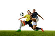 © Lustre Art Group  - Two young athletic women, soccer players in their 20s, engaged in close tackle on soccer field, both intensely focused on winning ball. Concept of sport, competition, tournament, games, event.