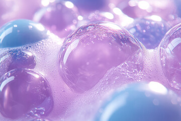 Poster - A multiply background of translucent, overlapping bubbles in shades of blue and purple, creating a sense of depth and motion, isolated on a pastel lavender background,