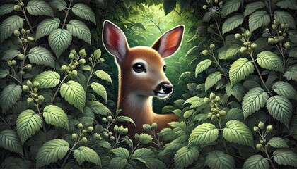 Wall Mural - A young deer peeking out from within a lush, dense forest