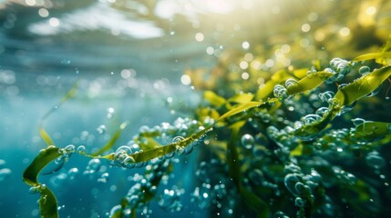 Poster - A close up of a green plant with bubbles surrounding it