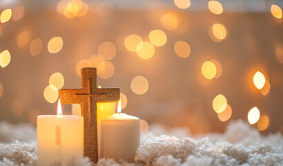 Golden crucifix with bokeh light background, Christian concept