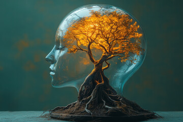 Aufkleber - A head with the top half replaced by a glass dome containing a glowing tree with roots extending into the head, isolated on a pastel green background,
