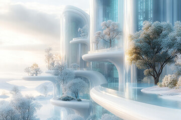 Poster - A 3D rendering of a futuristic landscape where buildings and trees are constructed from AI code and algorithms, glowing in soft blues and greens, isolated on a pastel beige background,