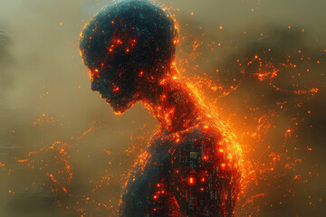 Poster - An AI-driven humanoid figure with a translucent body filled with glowing circuits and code, standing in a futuristic cityscape, isolated on a pastel beige background,