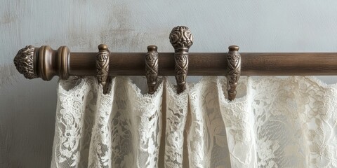 Canvas Print - Ornate curtain rod with lace curtains.