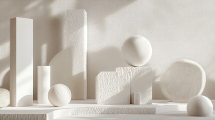 Poster - White background with abstract geometric shapes and soft textures, adding depth and dimension.