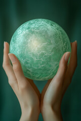Leinwandbilder - Two hands holding a glowing globe, symbolizing global support and solidarity, isolated on a pastel green background,