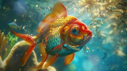 Wall Mural - A bright and colorful goldfish is swimming gracefully in a tank of water