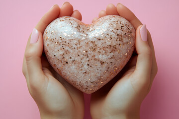 Poster - A pair of hands gently holding a heart-shaped stone, symbolizing strength and resilience through support, isolated on a pastel pink background,