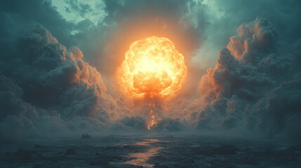 Poster - A detailed depiction of a massive atomic mushroom cloud rising over a desolate landscape, with a bright core and dark, billowing smoke, isolated on a soft pastel gray background,