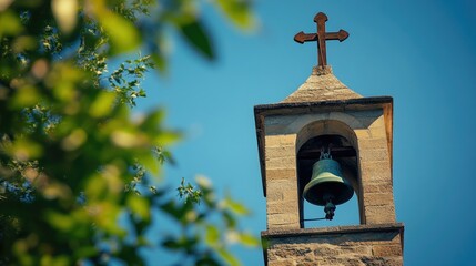 A church bell tower with a cross, representing the call to worship in Christian faith.