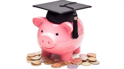 Pink piggy bank with a college graduation cap and coins, representing saving for higher education.