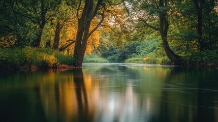 Calm river with overhanging trees and smooth water reflections, creating a serene and peaceful natural setting