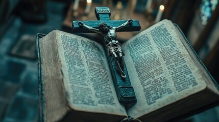 The crucifix with a prayer book, symbolizing faith and devotion in Christian practice.