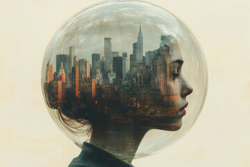 Poster - A head enclosed in a bubble with a miniature cityscape inside, symbolizing urban isolation and mental confinement, isolated on a pastel beige background,