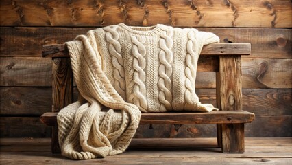 Cozy, chunky, cream-colored cable-knit sweater with visible weave and soft, luxurious texture, draped over a rustic wooden bench against a muted, earthy background.