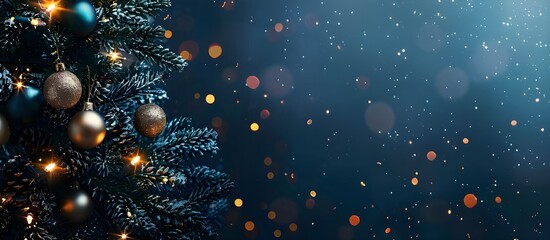 Poster - Christmas tree with colourful decorations on a blue background with bokeh lights and a banner.