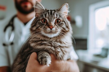 Poster - Close-up of a Grey Tabby Cat Being Held by a Veterinarian