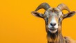 © sarun - A close-up of a goat's face with its beard visible, set against a plain orange background.
