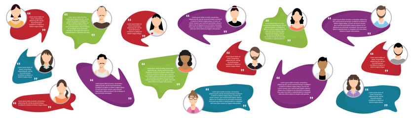 Poster - Testimonial speech bubble with people avatar in a flat design. Quote speech bubble boxes with user icons