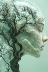 Poster - An abstract image of a head inside a bubble with twisting tree branches growing out, representing natural thoughts and inner growth, isolated on a pastel green background,