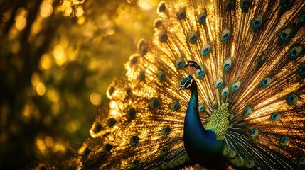 Wall Mural - Peacock Displaying its Feathers in the Golden Light