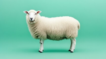 A fluffy white sheep isolated against a solid green background, showcasing the softness of its wool.