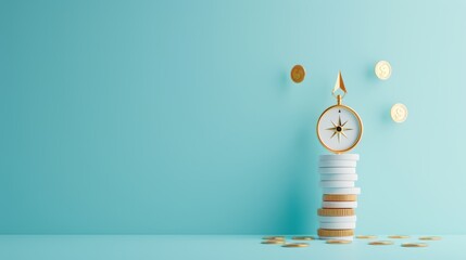 A symbolic representation of wealth accumulation and financial growth, featuring a compass pointing towards stacks of coins and currency symbols, against a minimalist background with room for