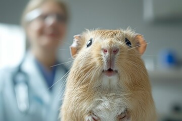 Poster - Close-up of a Guinea Pig with a Blurry Veterinarian in the Background