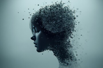 Sticker - Emotional contagion Information retention Side profile of woman with her head dissolving into particles symbolizing gradual loss of memory and disintegration of identity in surreal conceptual design