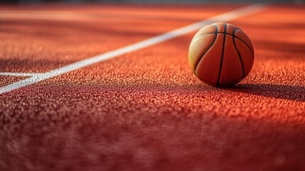 A basketball on the floor. Ball in close-range on the red court. Basketball on an indoor court or the street. athletic equipment in solitude. simplicity. template with a background in sports