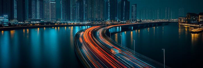 Panoramic view of twilight cityscape with light trail on urban bridge on riverside highway. Riverside city panorama with bright car trails after sunset.