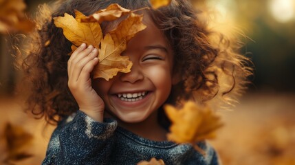 A joyful child playfully covering her eye with golden autumn leaves in a warm and vibrant outdoor setting during fall