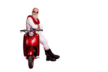 Sticker - Full size photo of confident retired man with his arms crossed sit on bike wearing white pullover pants trousers boots eyeglasses eyewear isolated over red background