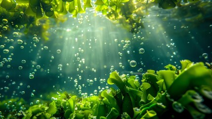 Poster - A green plant is surrounded by bubbles in the water