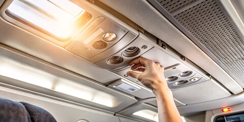 Airplane Overhead Control Panel with Hand. Passenger's hand reaching up to adjust the air conditioning vent and reading light on an airplane.