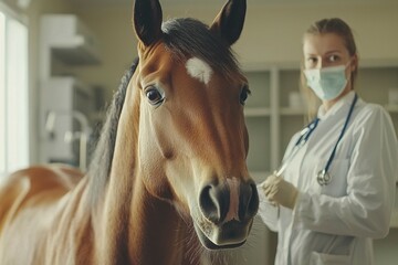 Poster - A horse's head and a veterinarian in a clinic