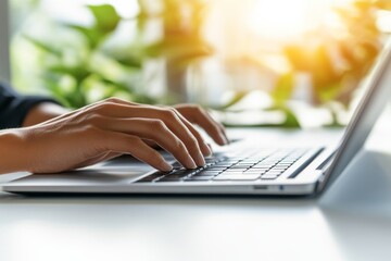 Poster - from the home office, a close-up of a woman typing on her laptop computer keyboard with her hands