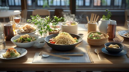 Wall Mural - A modern restaurant table set with 3D-rendered noodle dishes from various cultures